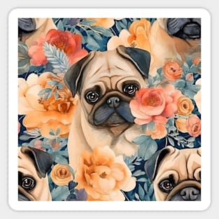 Fawn Pugs in Flowers All Over Tote Bag Sticker